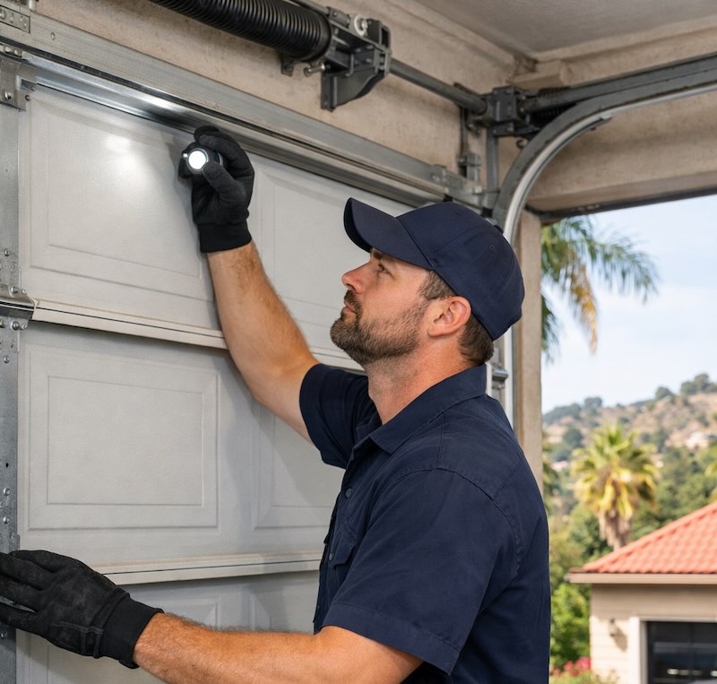 Garage door repair technician inspecting a residential garage door in Los Angeles
